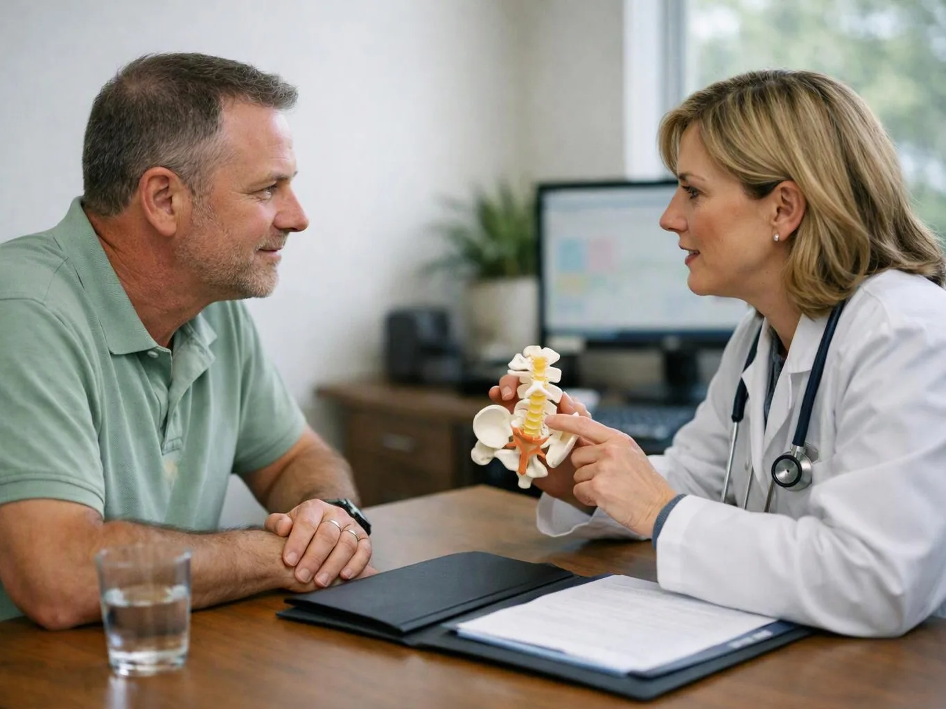 A doctor shows a spine model to a man during a consultation in a bright office