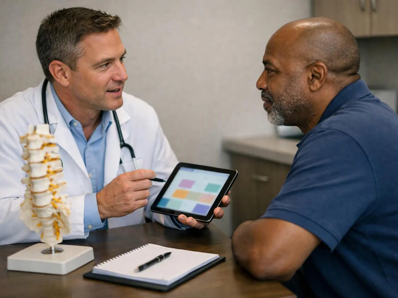 A doctor shows a tablet to a man in a clinic, with a spine model and notebook on the desk