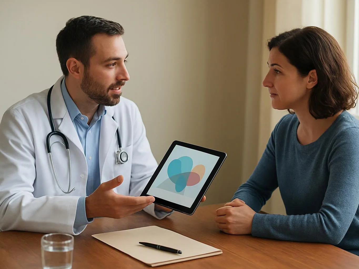 A doctor shows a woman a tablet with a simple chart during a clinic conversation