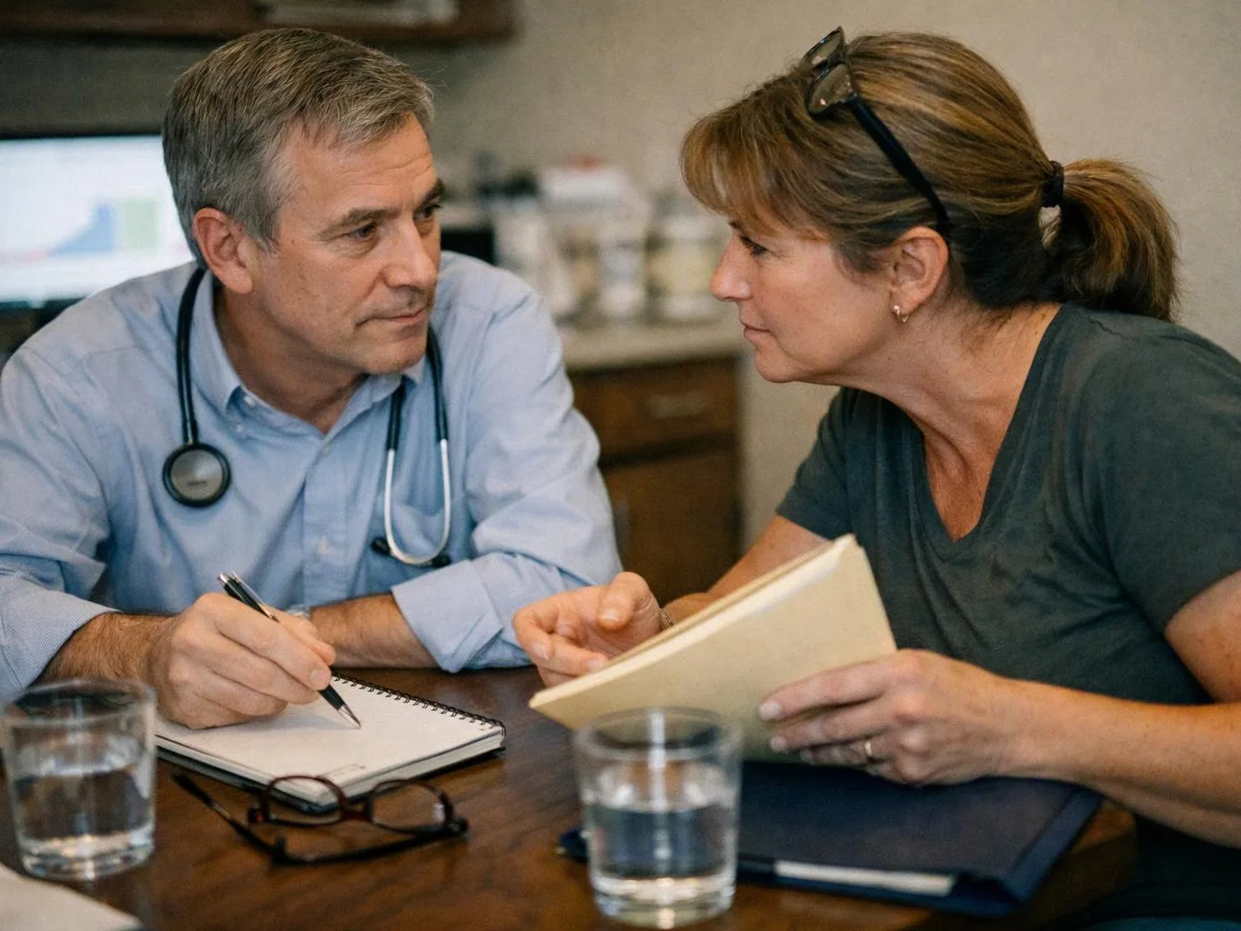 A doctor with a stethoscope talks with a woman at a table while writing notes and holding a notebook