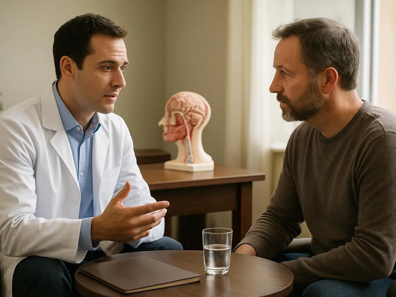 A doctor talks with a man at a small table, with a brain model and a glass of water nearby