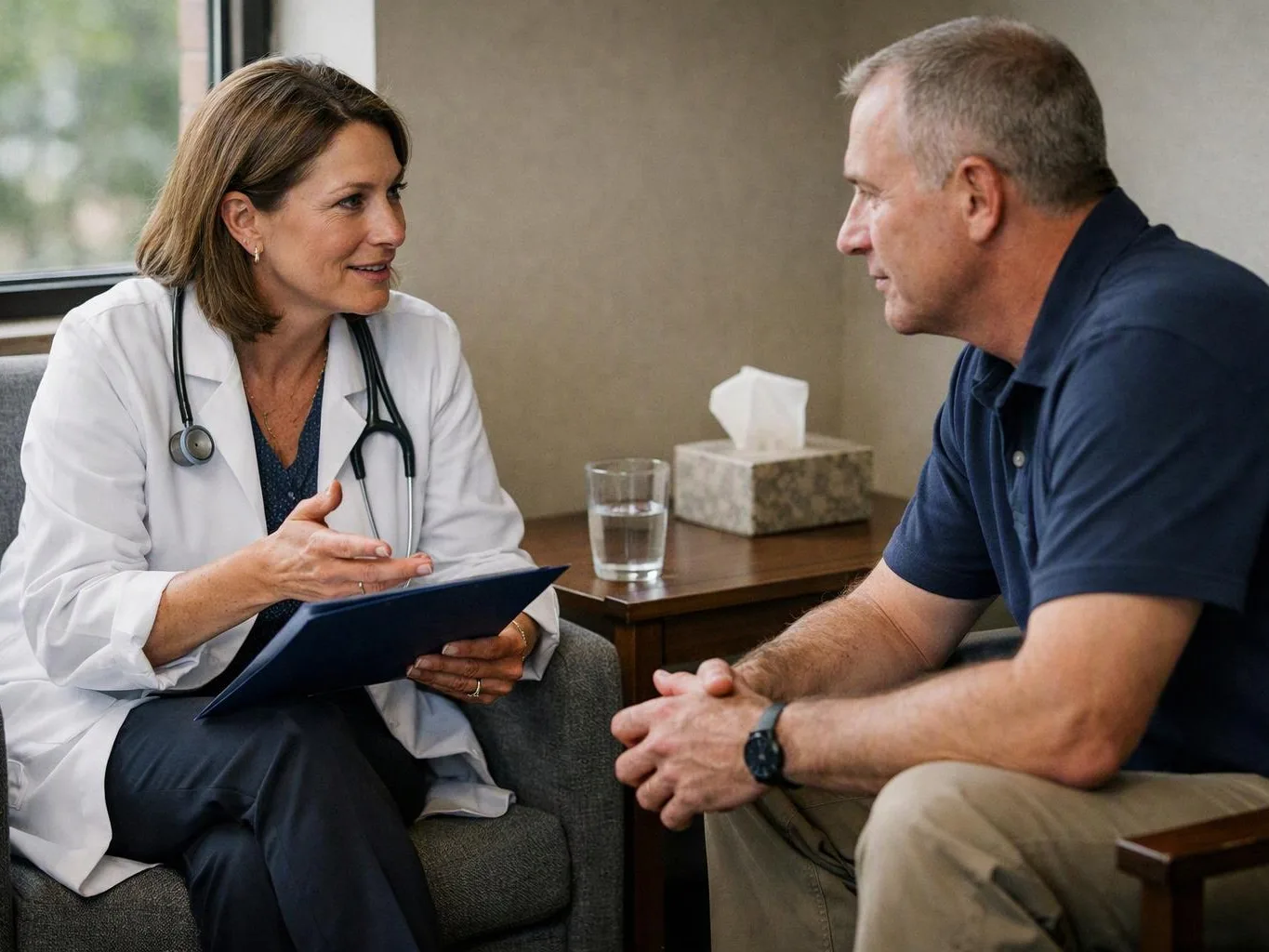 A doctor talks with a seated man in a quiet exam room, holding a clipboard and gesturing openly