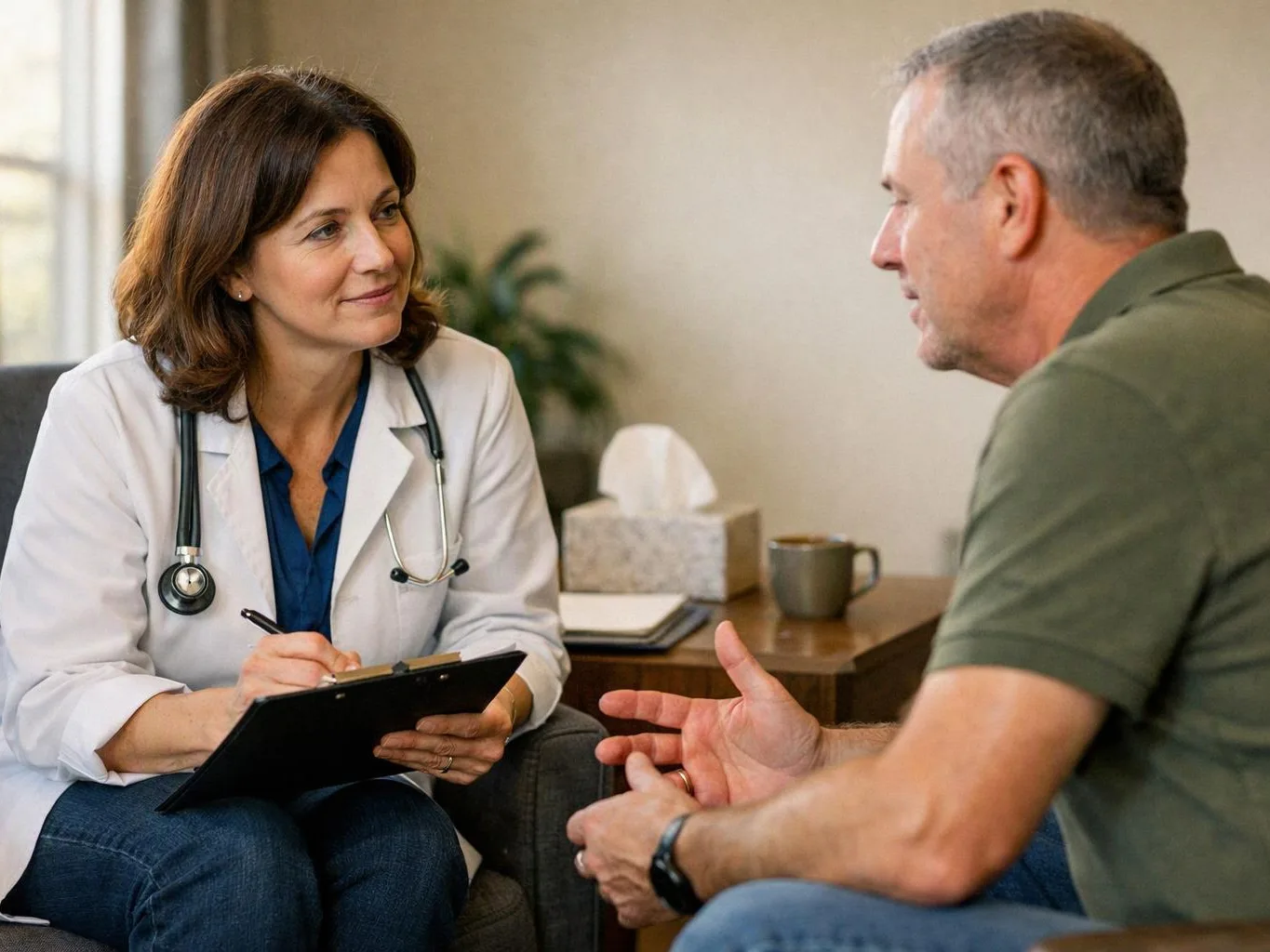 A doctor talks with a seated man in a quiet office while taking notes on a clipboard