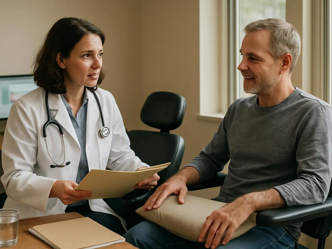 A doctor talks with a smiling man in a bright exam room while holding his file