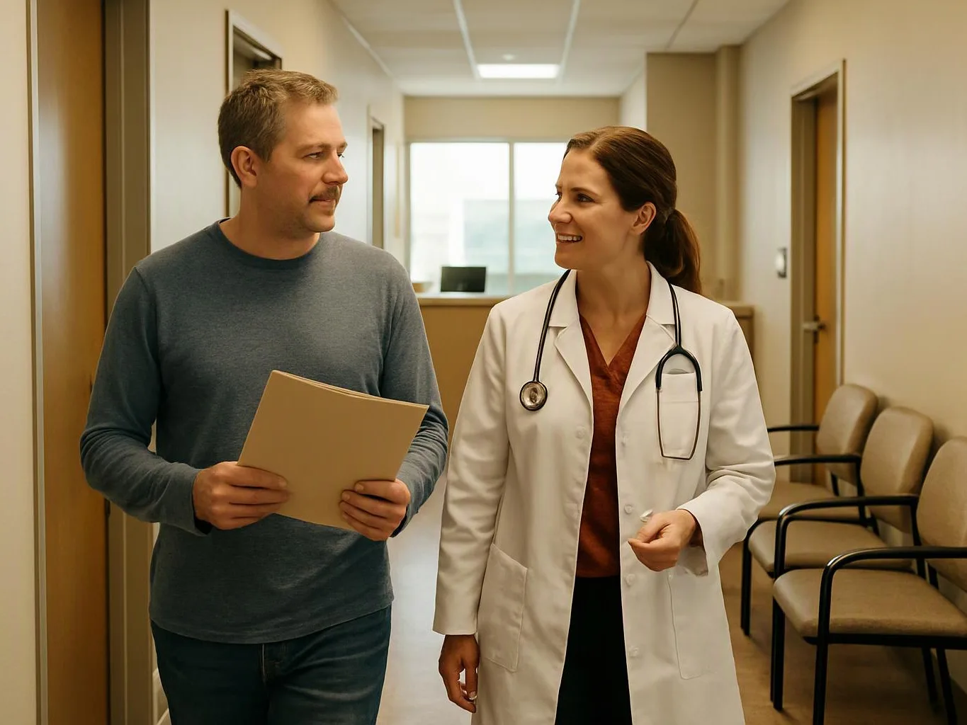 A doctor walks beside a man holding papers in a quiet clinic hallway