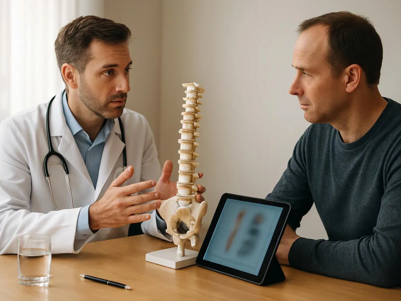 A doctor in a white coat explains a spine model to a seated man across a table