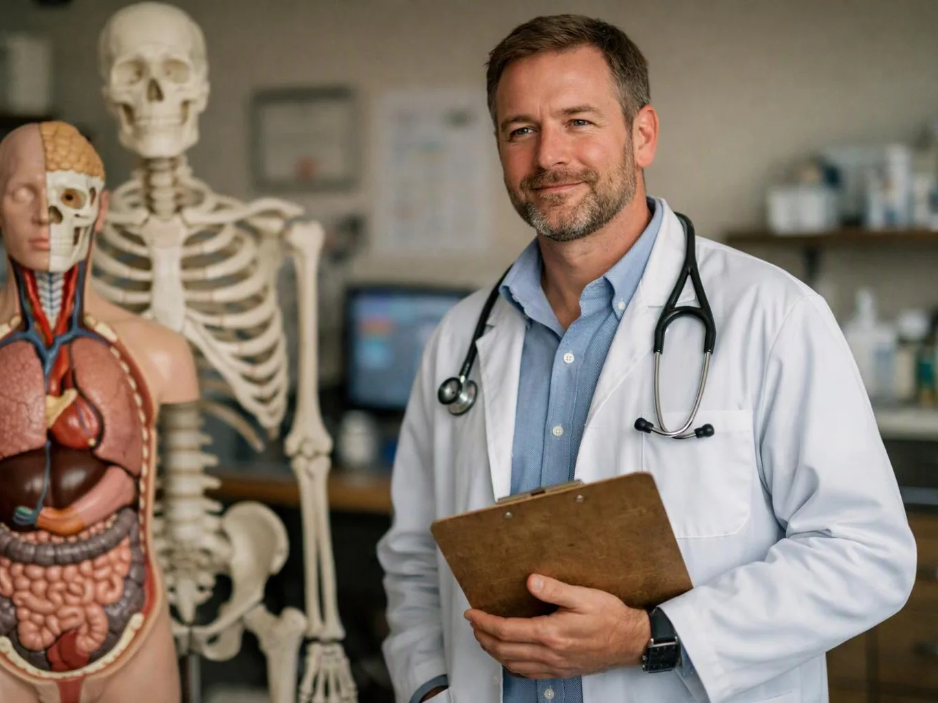 A doctor in a white coat holds a clipboard beside anatomy models and a skeleton in a classroom setting