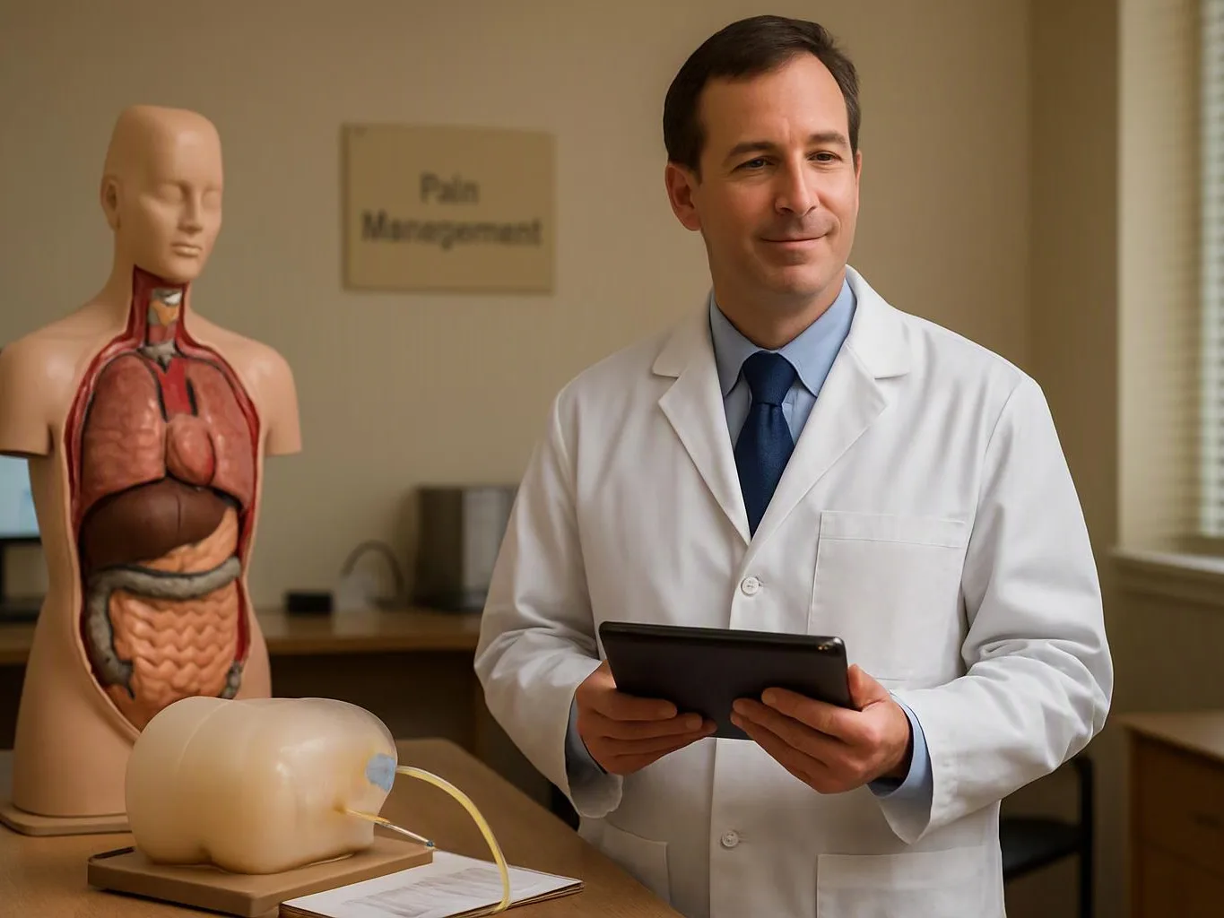 A doctor in a white coat holds a tablet beside a medical anatomy model in a clinic room