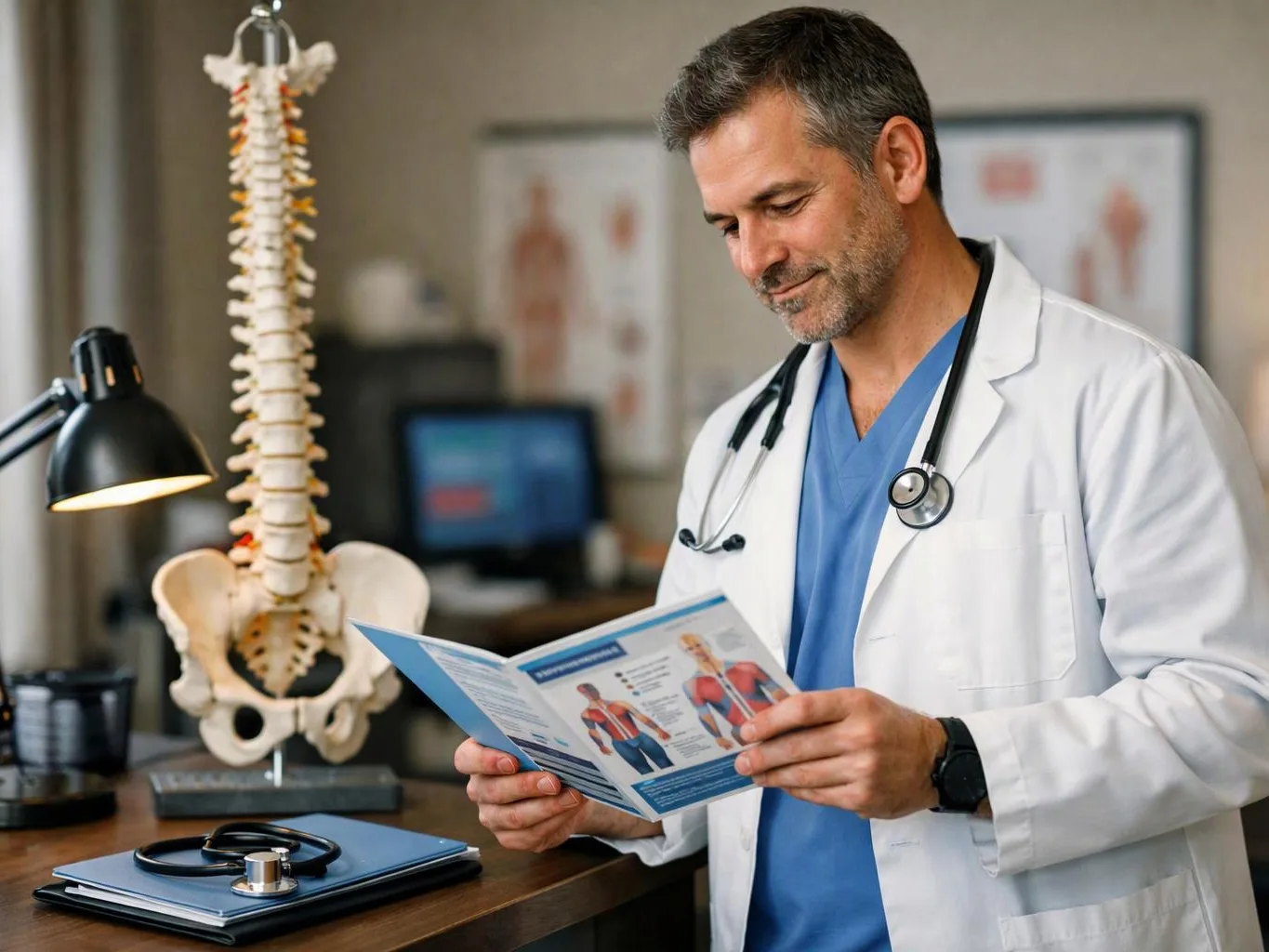 A doctor in a white coat reads a medical brochure beside a spine model in an office