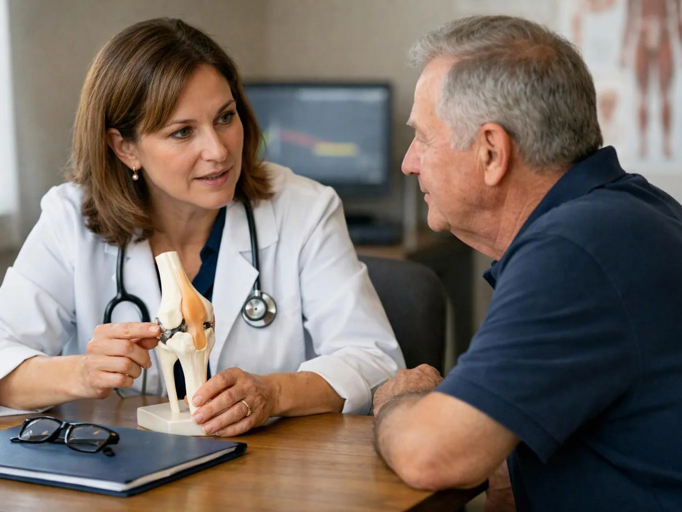 A doctor in a white coat shows a knee model to an older man across a desk in a clinic