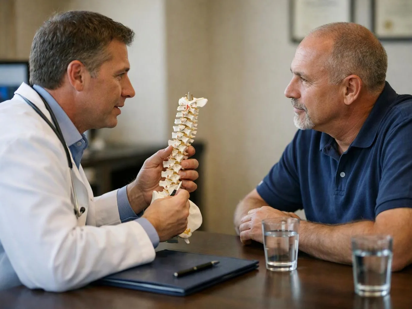 A doctor in a white coat shows a spine model to a seated man across a table