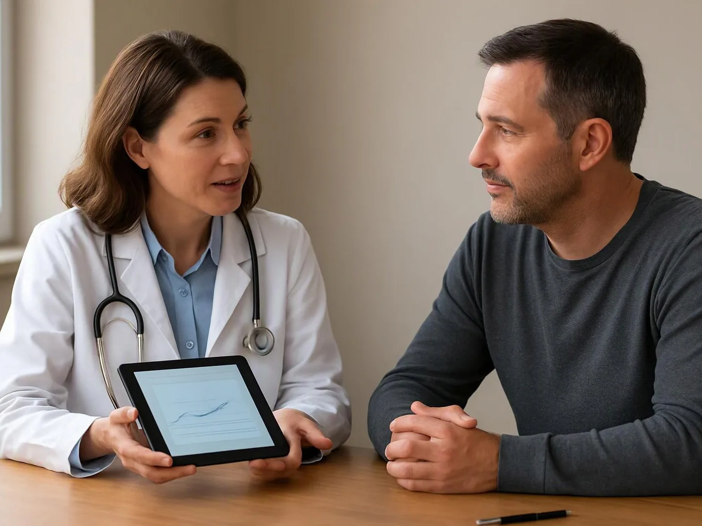 A doctor in a white coat shows a tablet to a man across a table in a clinic room