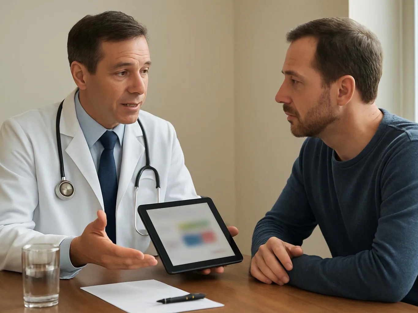 A doctor in a white coat shows a tablet to a seated man across a desk in a consultation room