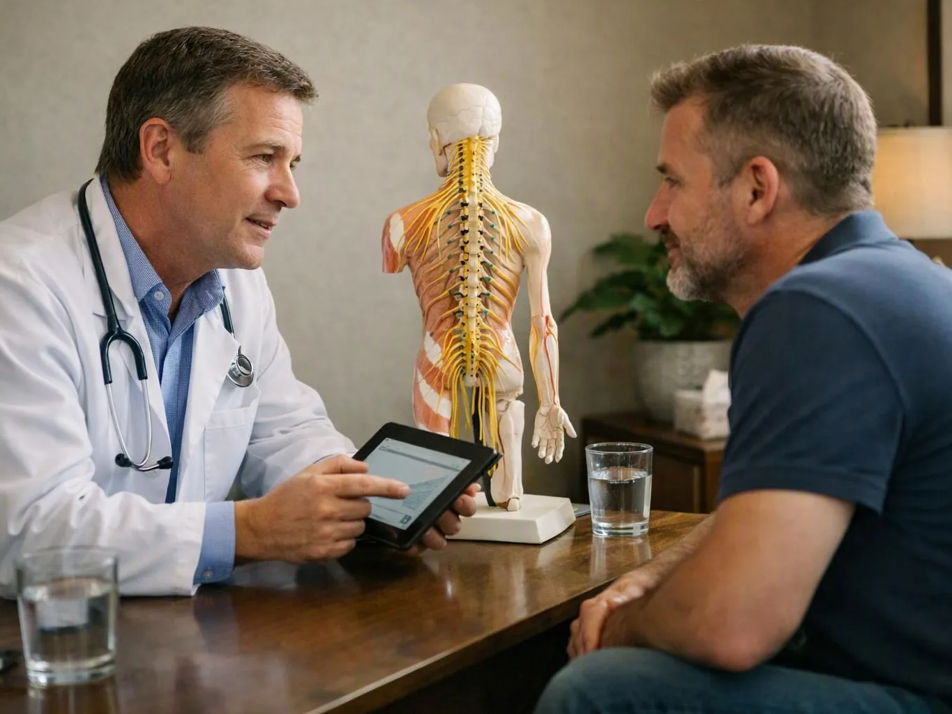 A doctor in a white coat shows a tablet to a seated man beside a spine model in a clinic office