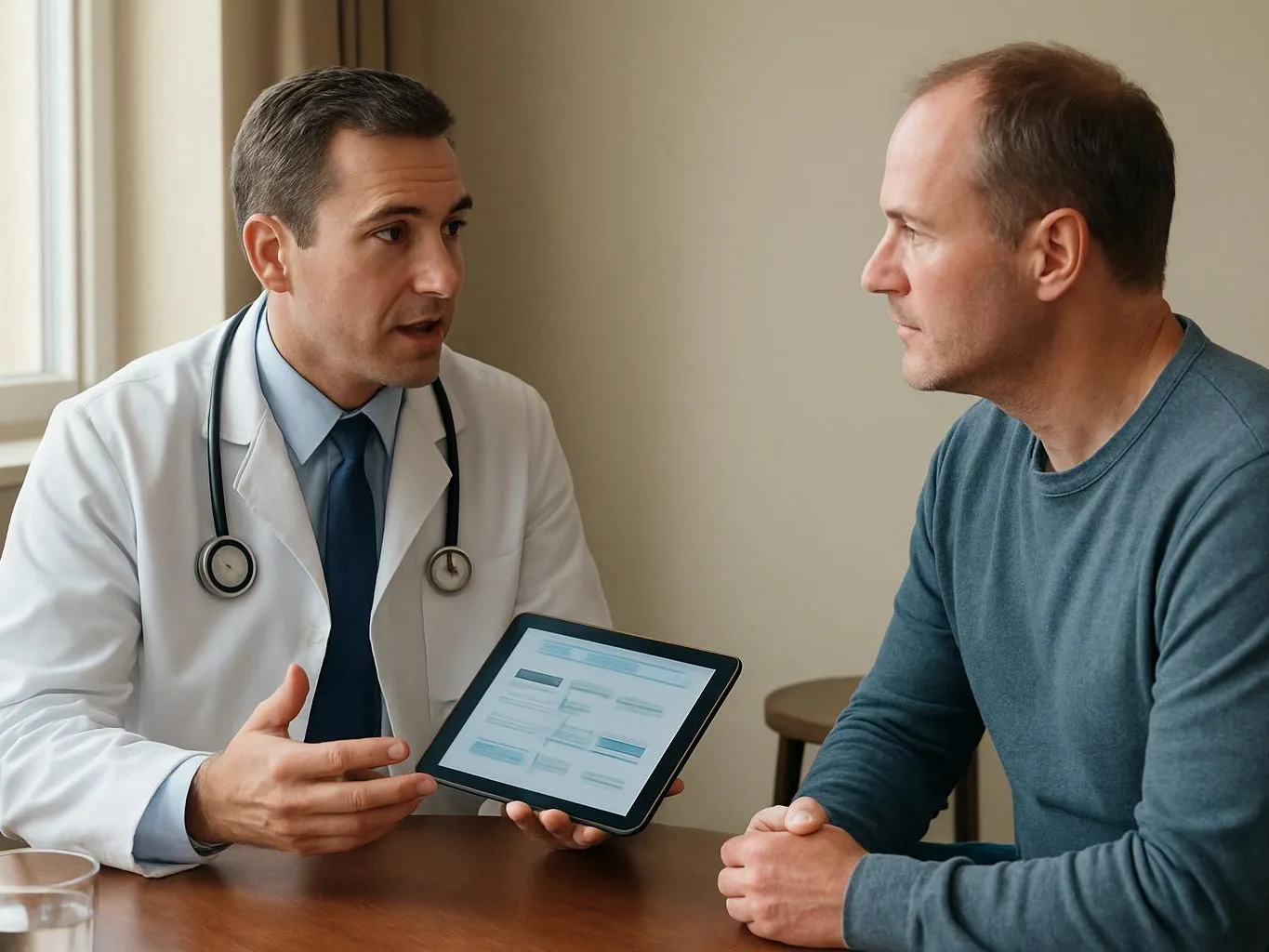 A doctor in a white coat shows a tablet to a seated man during a calm office consultation
