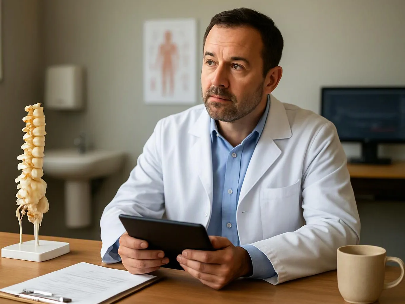 A doctor in a white coat sits at a desk, holding a tablet beside a spine model and coffee mug