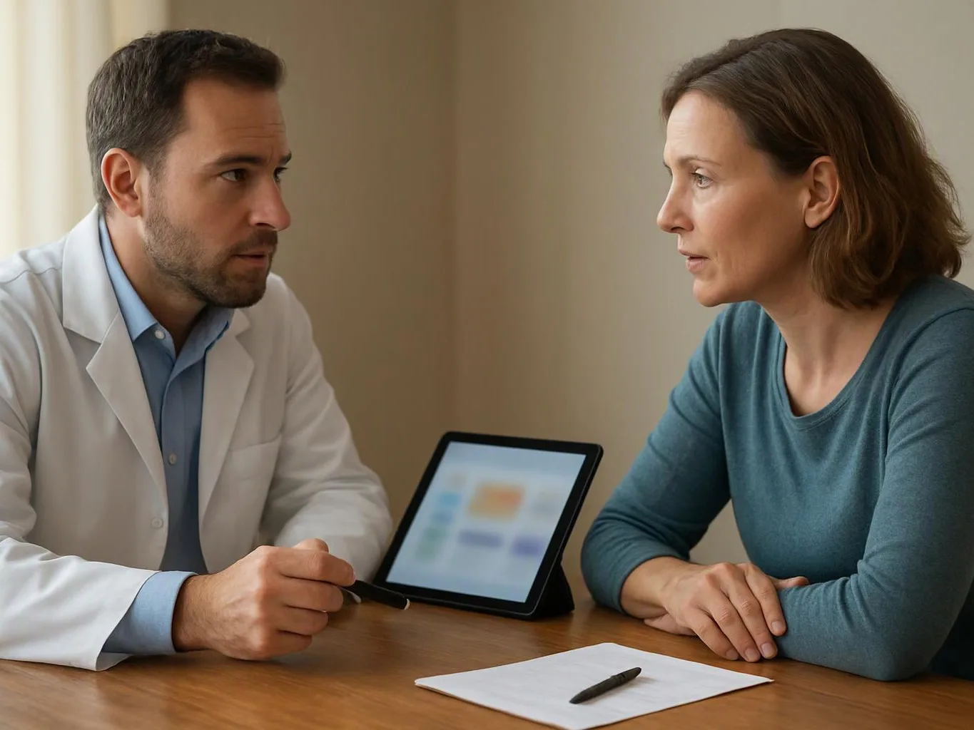 A doctor in a white coat speaks with a woman across a table beside a tablet and paper note
