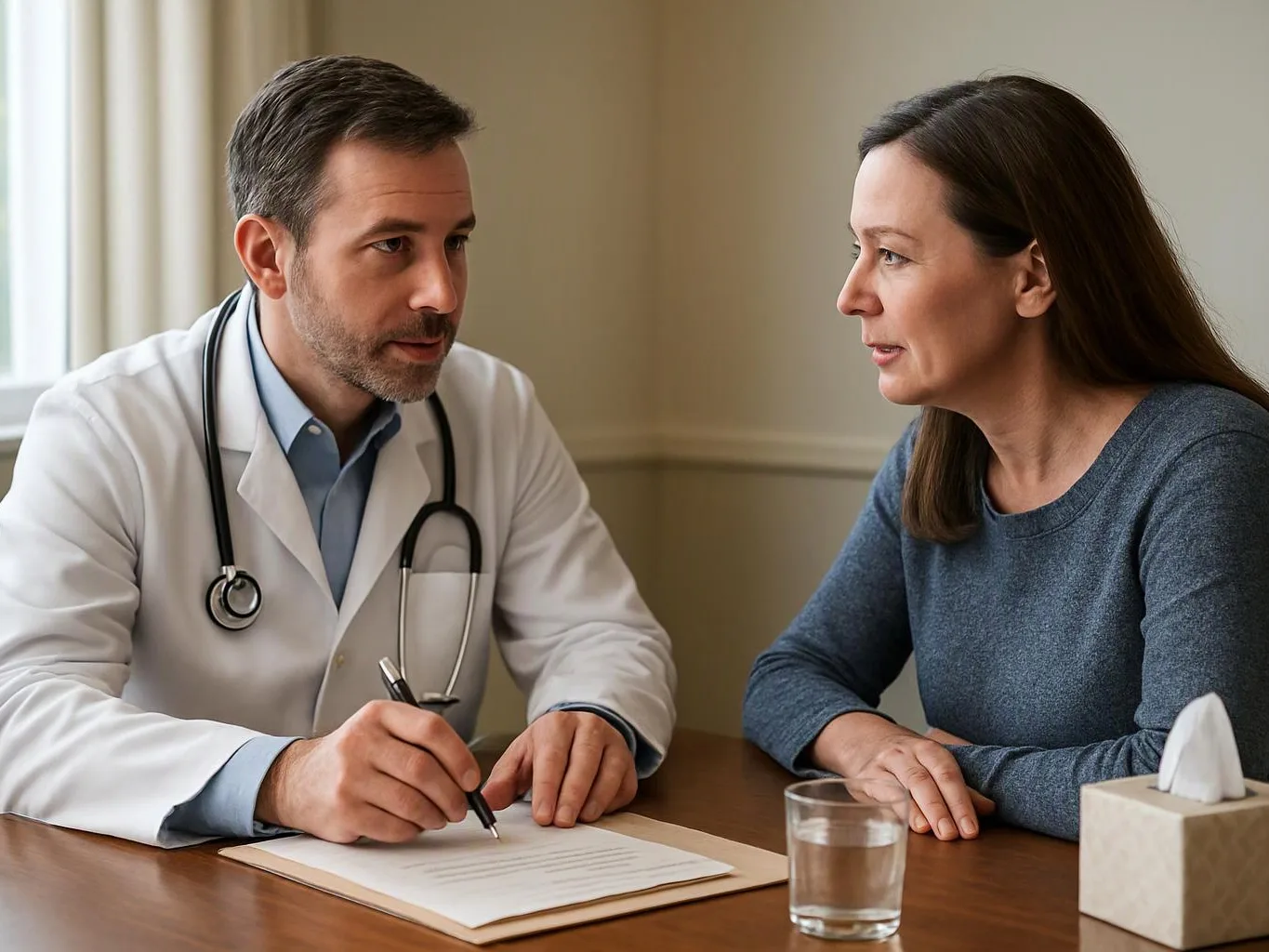 A doctor in a white coat speaks with a woman across a table while writing notes indoors