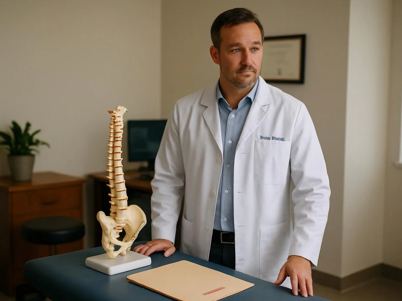 A doctor in a white coat stands beside a spine model in a quiet exam room