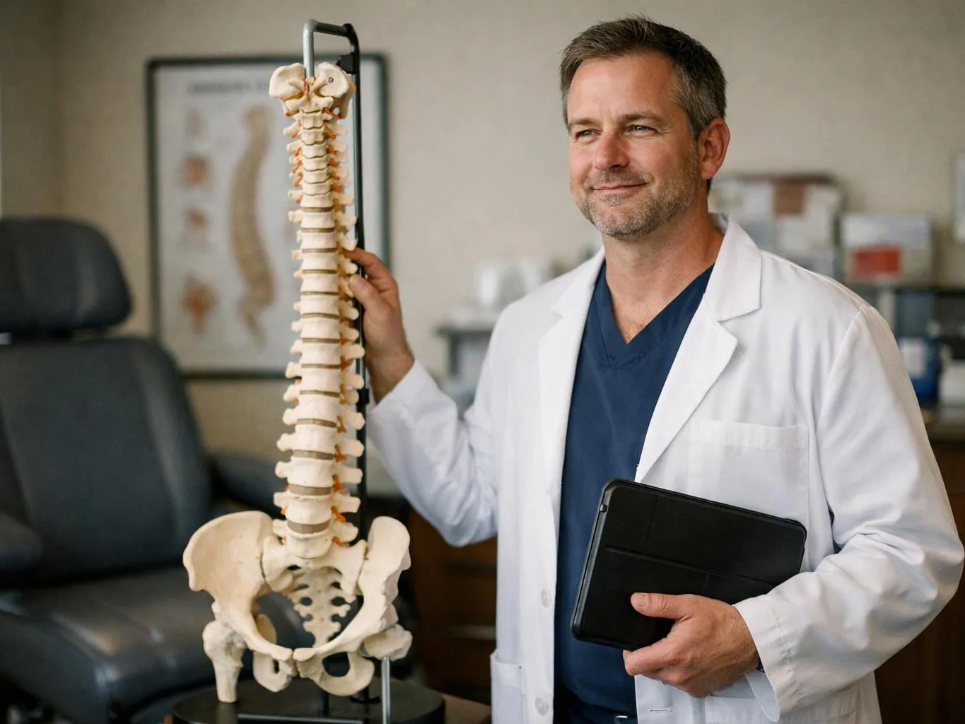 A doctor in a white coat stands beside a spine model in an exam room, holding a tablet