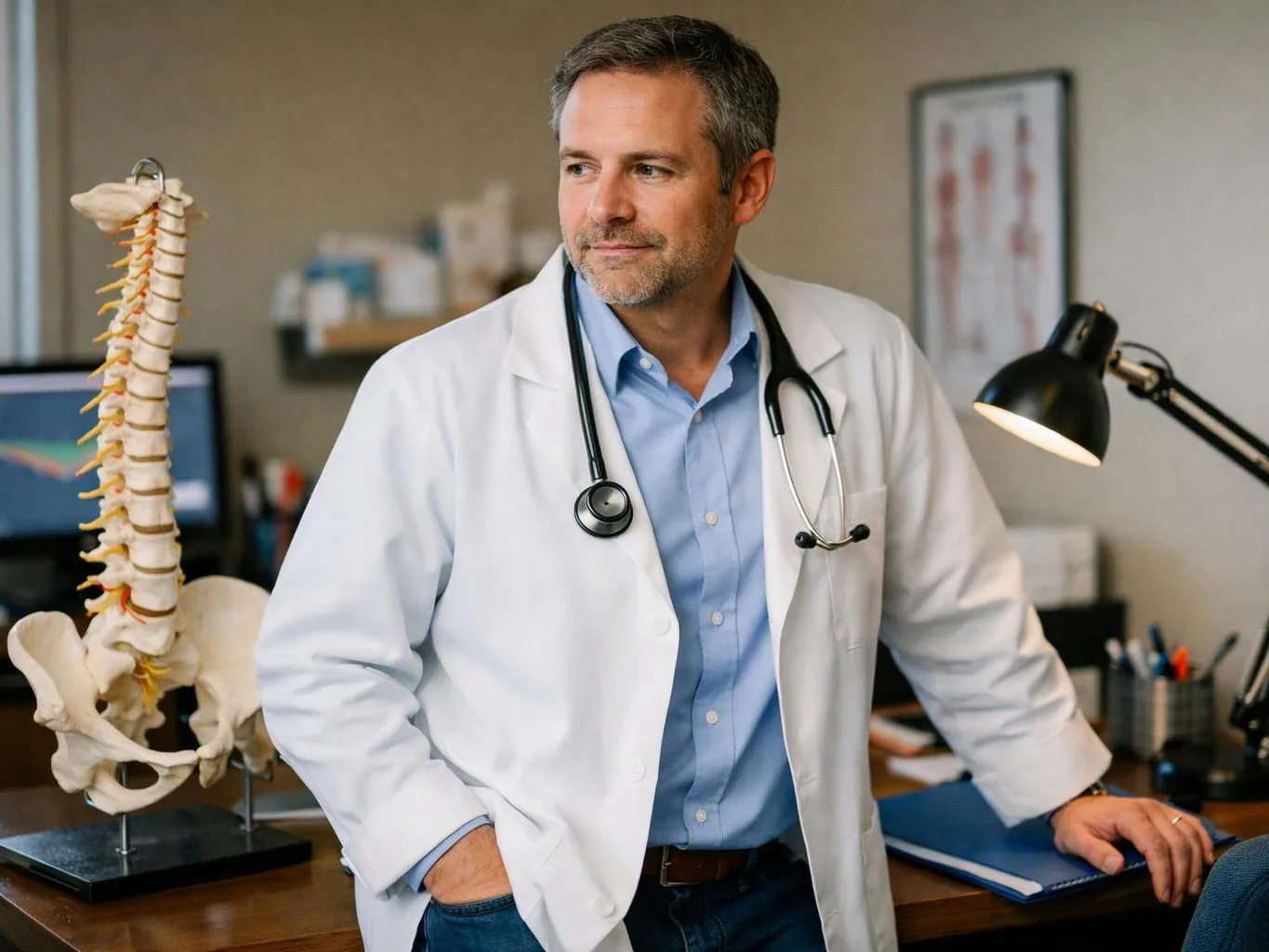 A doctor in a white coat stands in an exam room beside a spine model and desk lamp