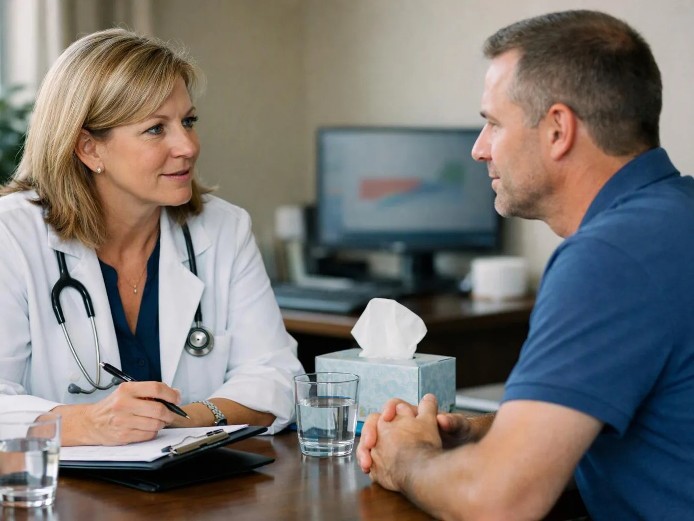 A doctor in a white coat talks with a man across a desk in a clinic office