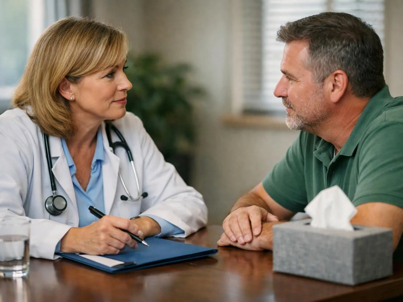 A doctor in a white coat talks with a man across a table in a clinic office