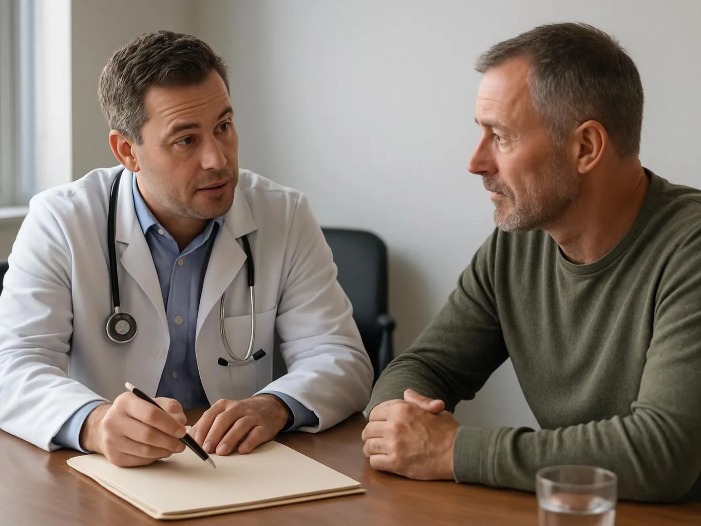 A doctor in a white coat talks with a man at a desk in a simple exam room