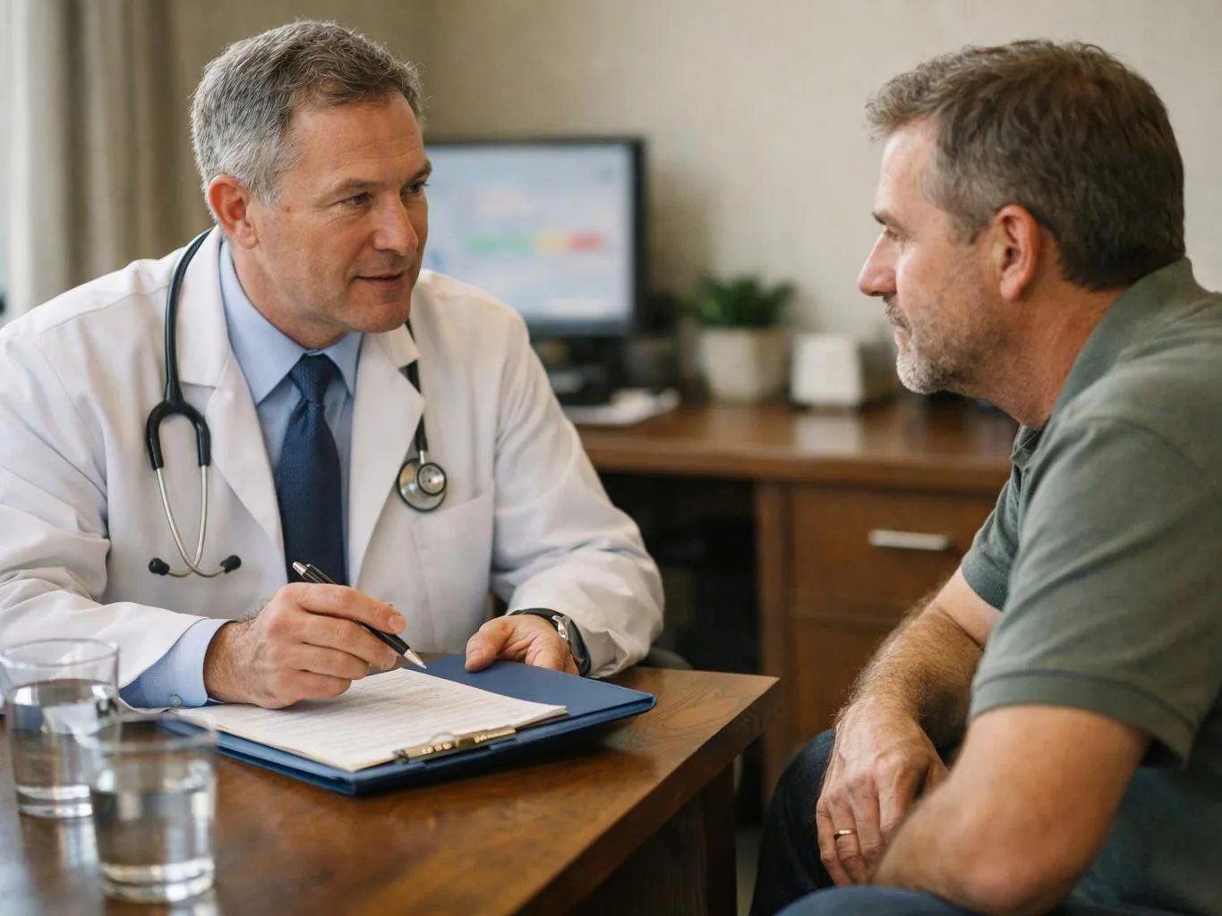 A doctor in a white coat talks with a seated man across a desk in a clinic office