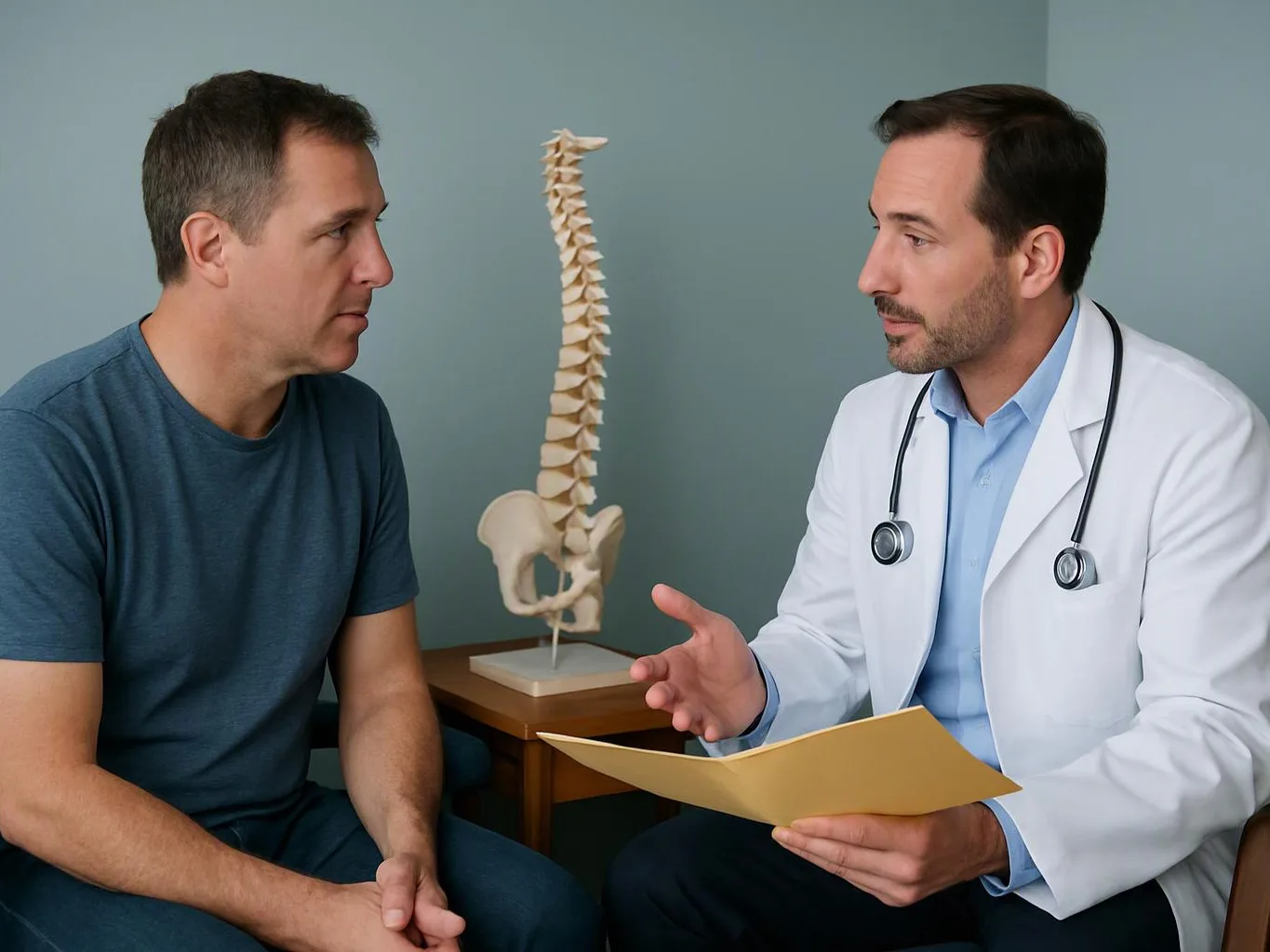 A doctor in a white coat talks with a seated man beside a spine model in a clinic room