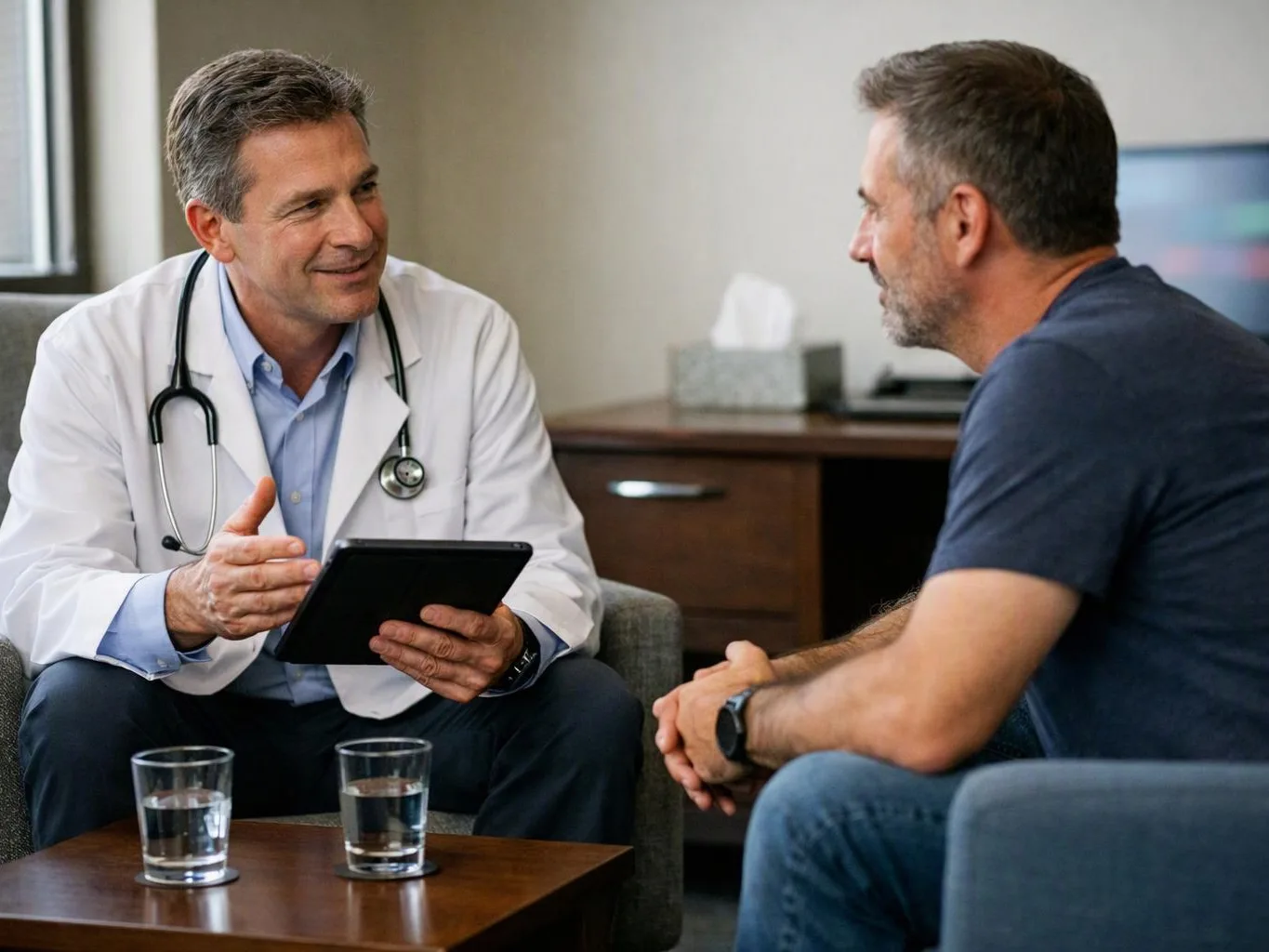 A doctor in a white coat talks with a seated man in a consultation room, holding a tablet