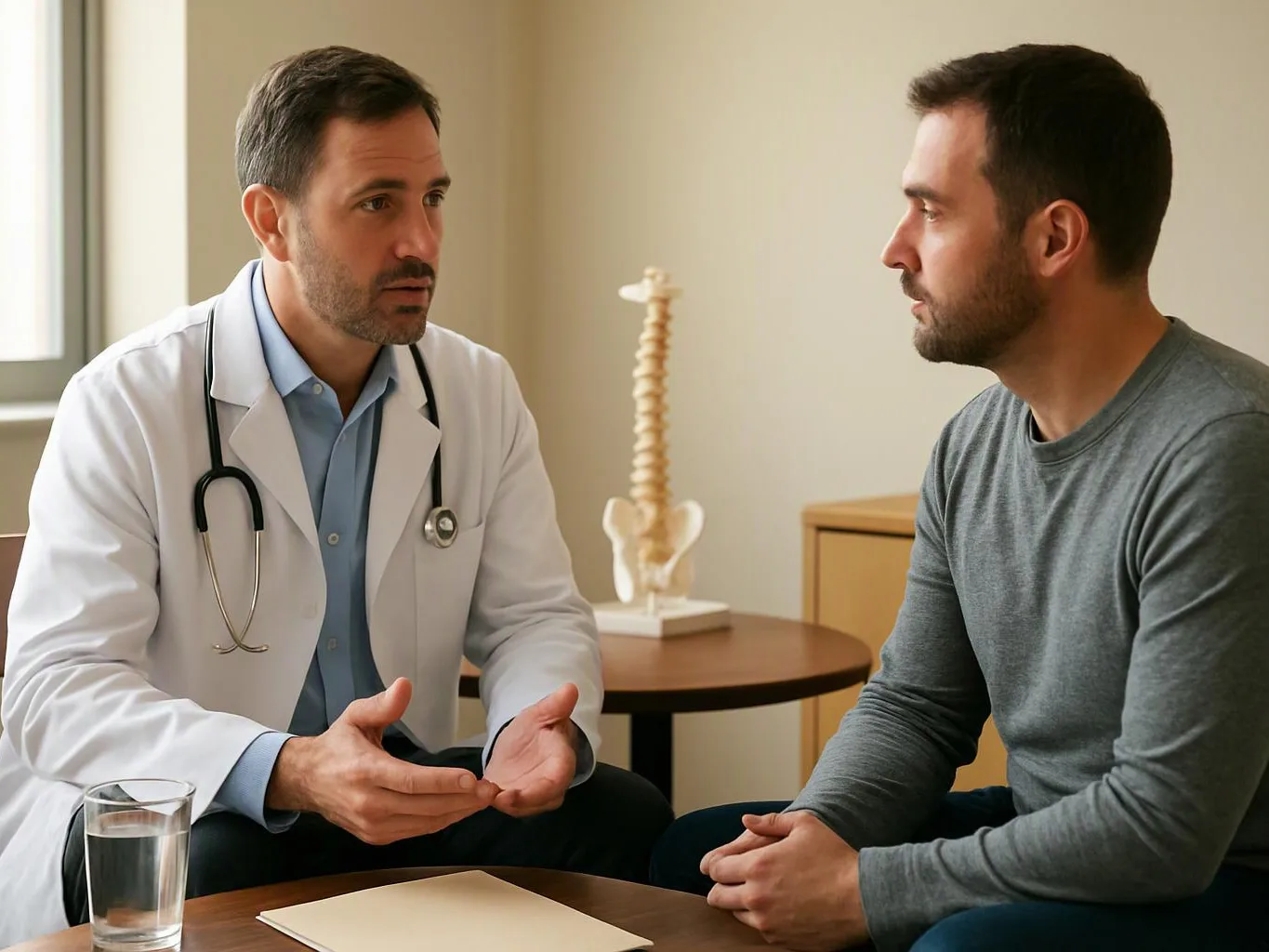 A doctor in a white coat talks with a seated man in a medical exam room