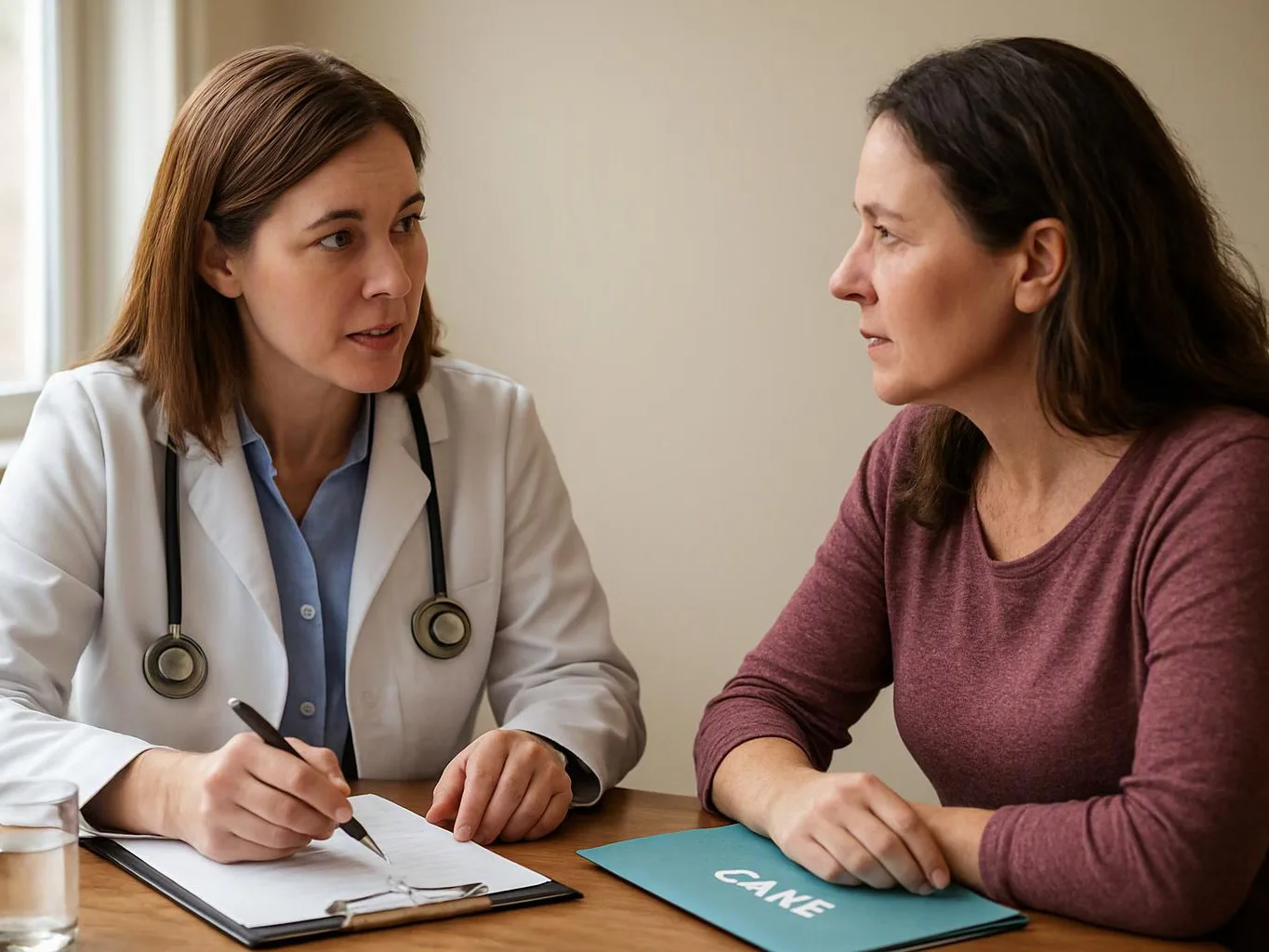 A doctor in a white coat talks with a woman across a table, with a clipboard and folder between them