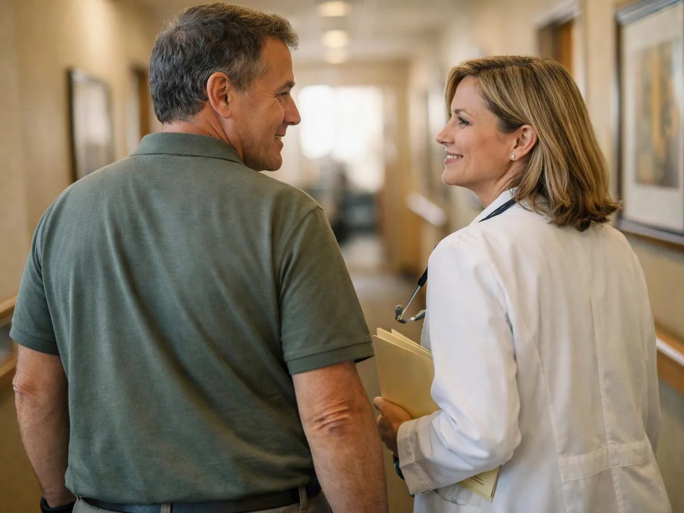 A doctor in a white coat walks beside a smiling man down a hospital hallway