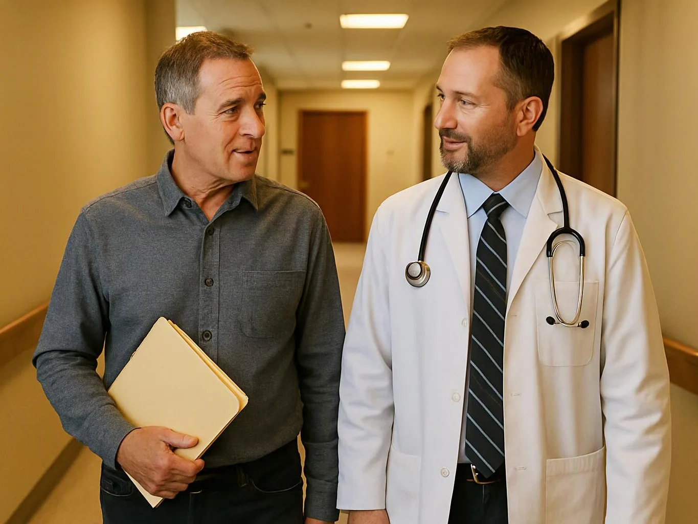 A doctor in a white coat walks down a hallway beside a man holding a folder