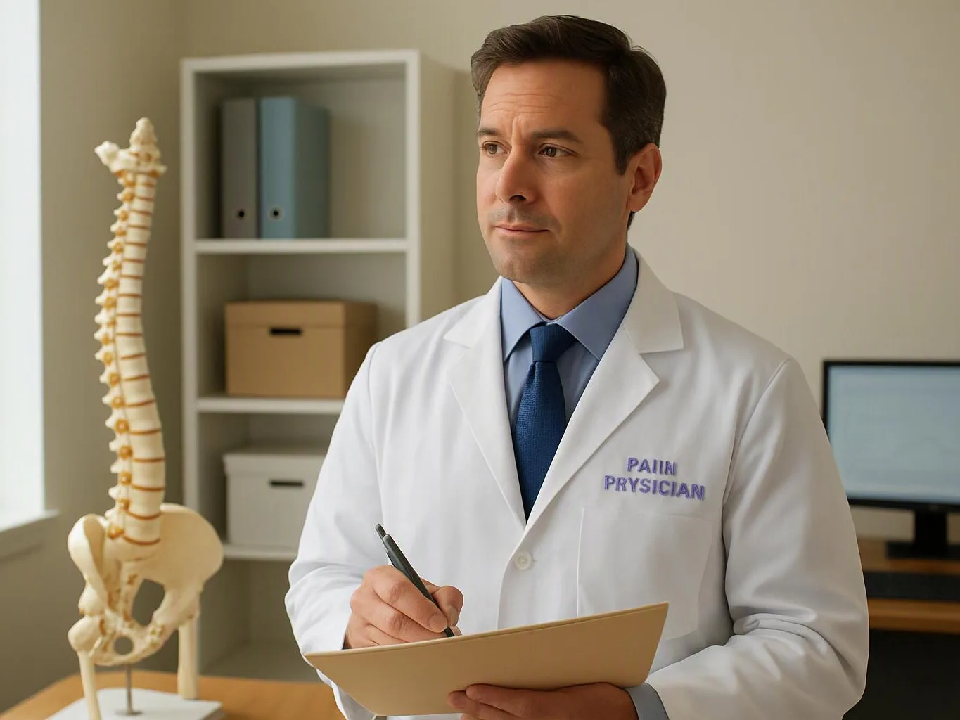 A doctor in a white coat writes on a clipboard beside a spine model in a tidy office