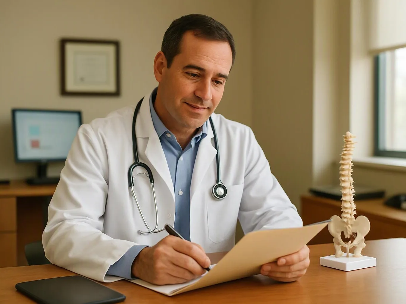 A doctor in a white coat writes on a clipboard beside a spine model in a bright office