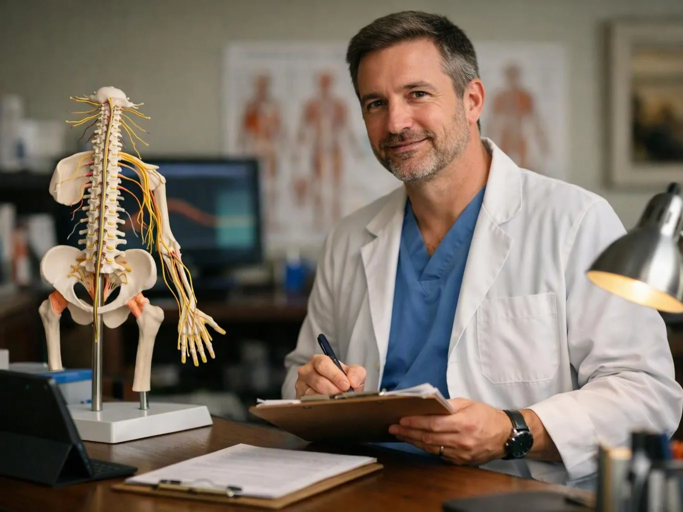 A doctor in a white coat writes on a clipboard beside a spine and pelvis model in a clinic office