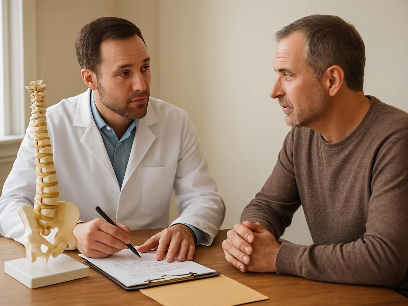 A doctor in a white coat writes on a clipboard while talking with a seated man beside a spine model