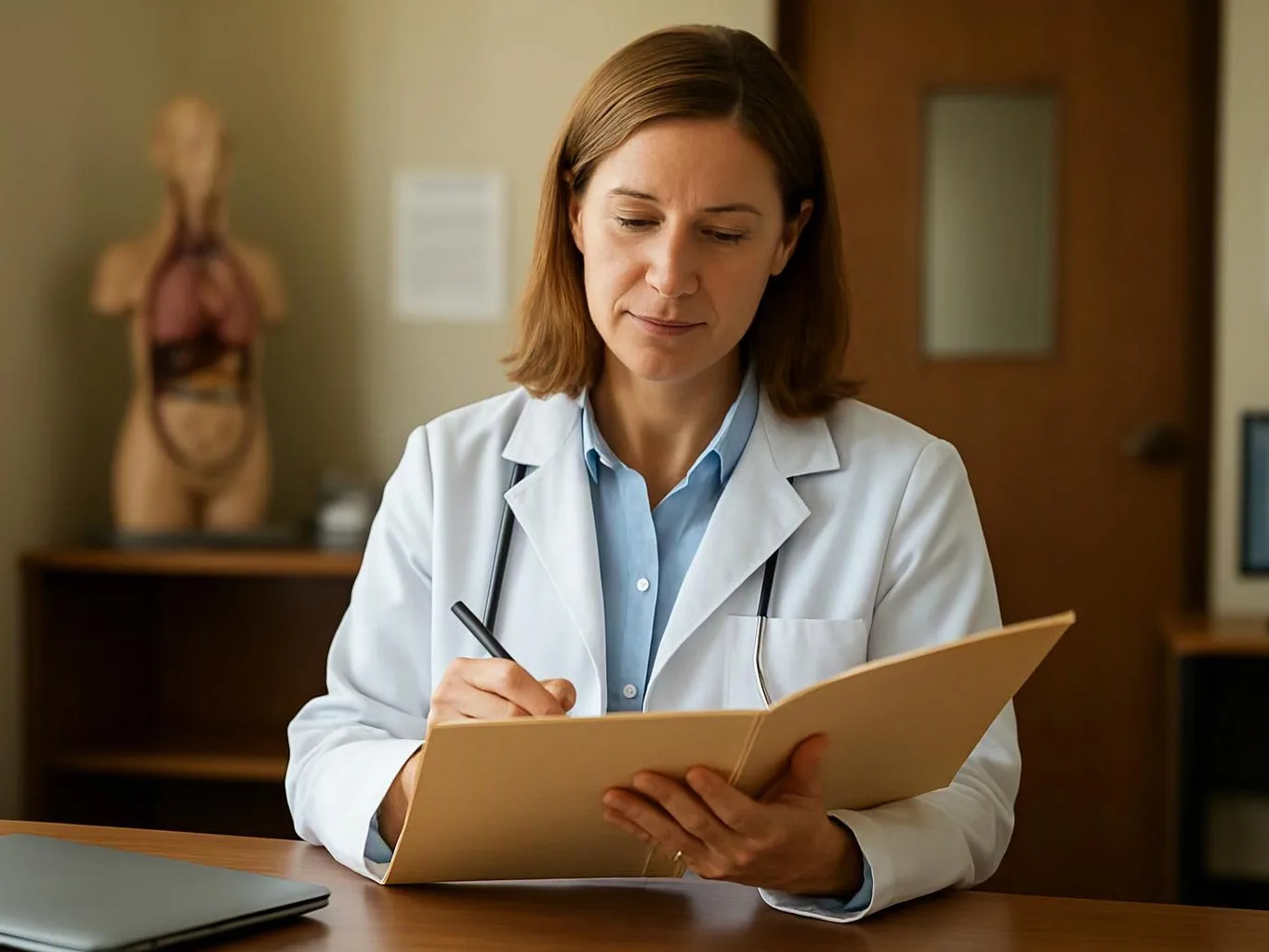 A doctor in a white coat writes in a folder at a desk in a medical office