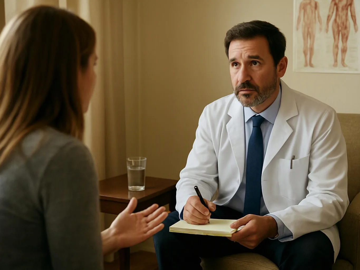 A doctor in a white coat writes notes while listening to a seated woman in a consultation room