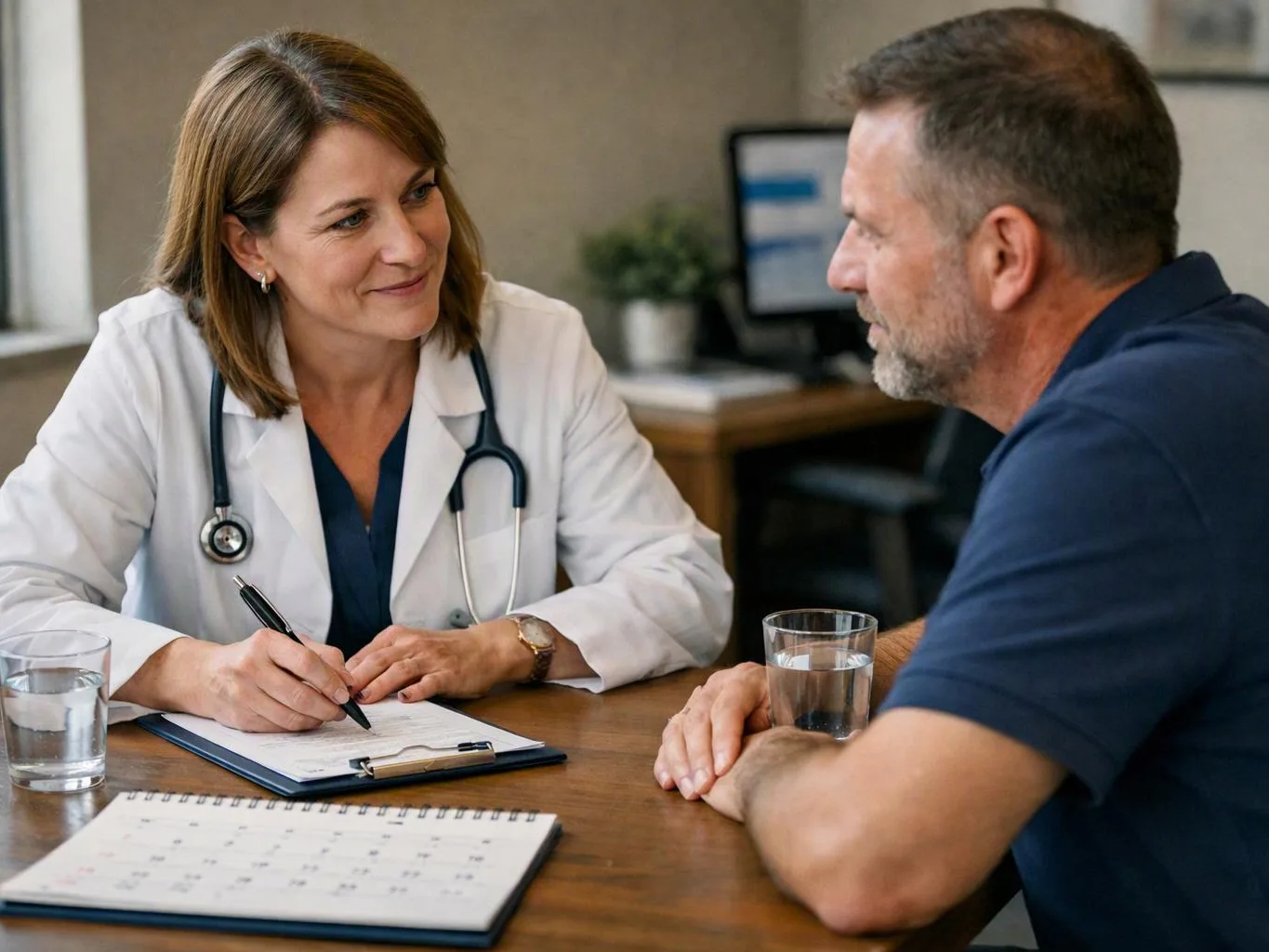 A doctor writes on a clipboard while talking with a man across a wooden table in a clinic office