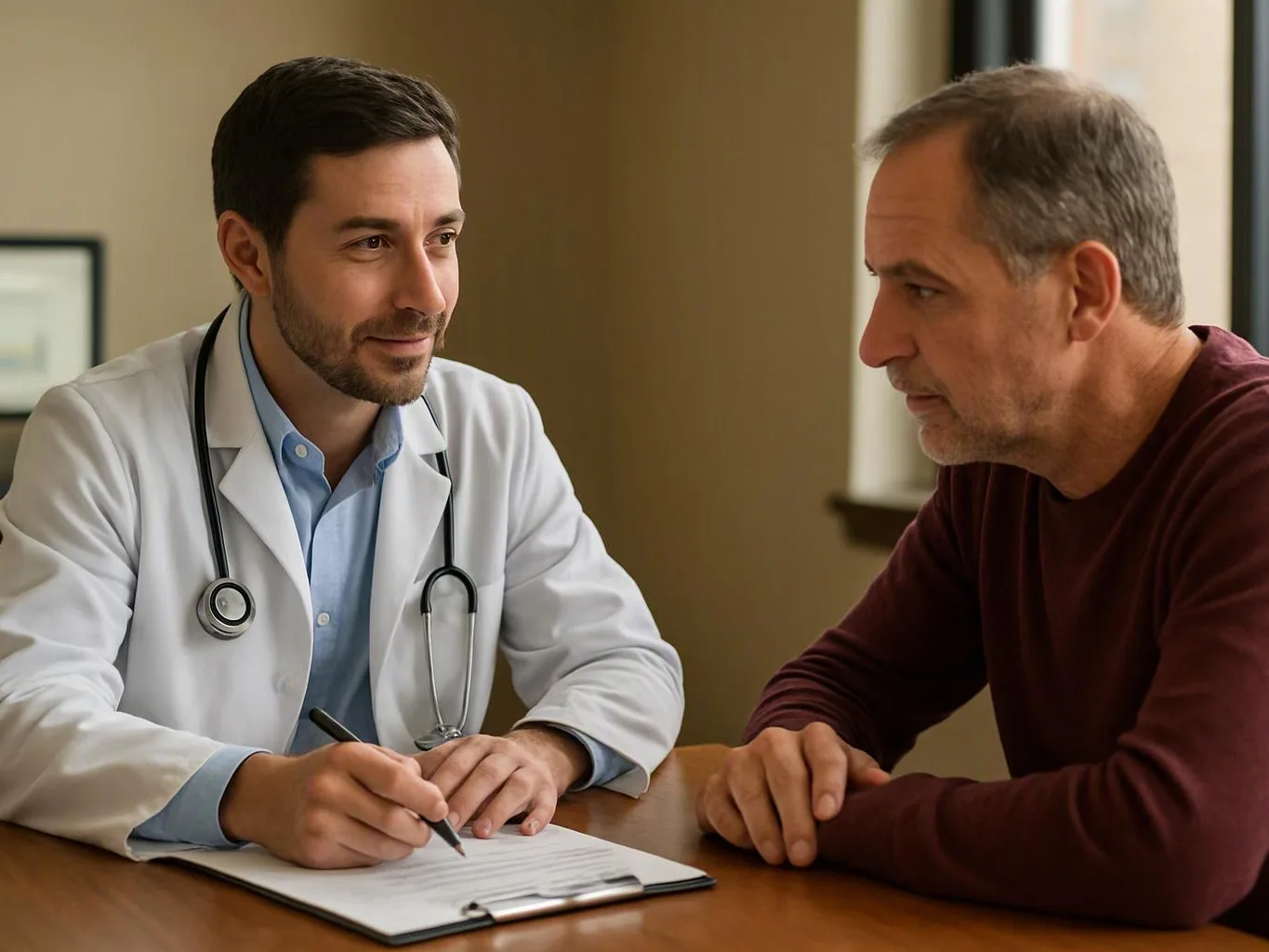 A doctor writes on a clipboard while talking with a seated man across a table