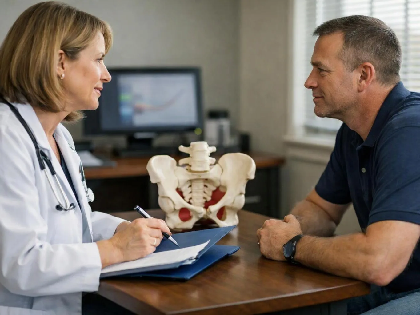 A doctor writes notes while talking with a man across a desk, with a pelvis model behind them