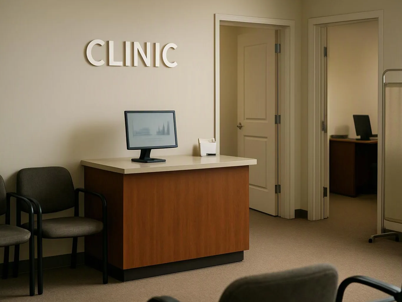 Empty clinic reception with a desk, chairs, computer monitor, and open doorways in a beige waiting room