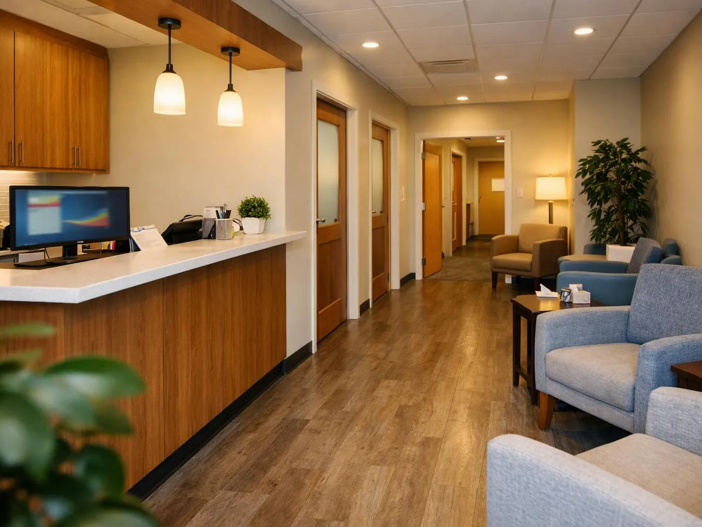 Empty clinic waiting room with a reception counter, chairs, hallway doors, and warm ceiling lights