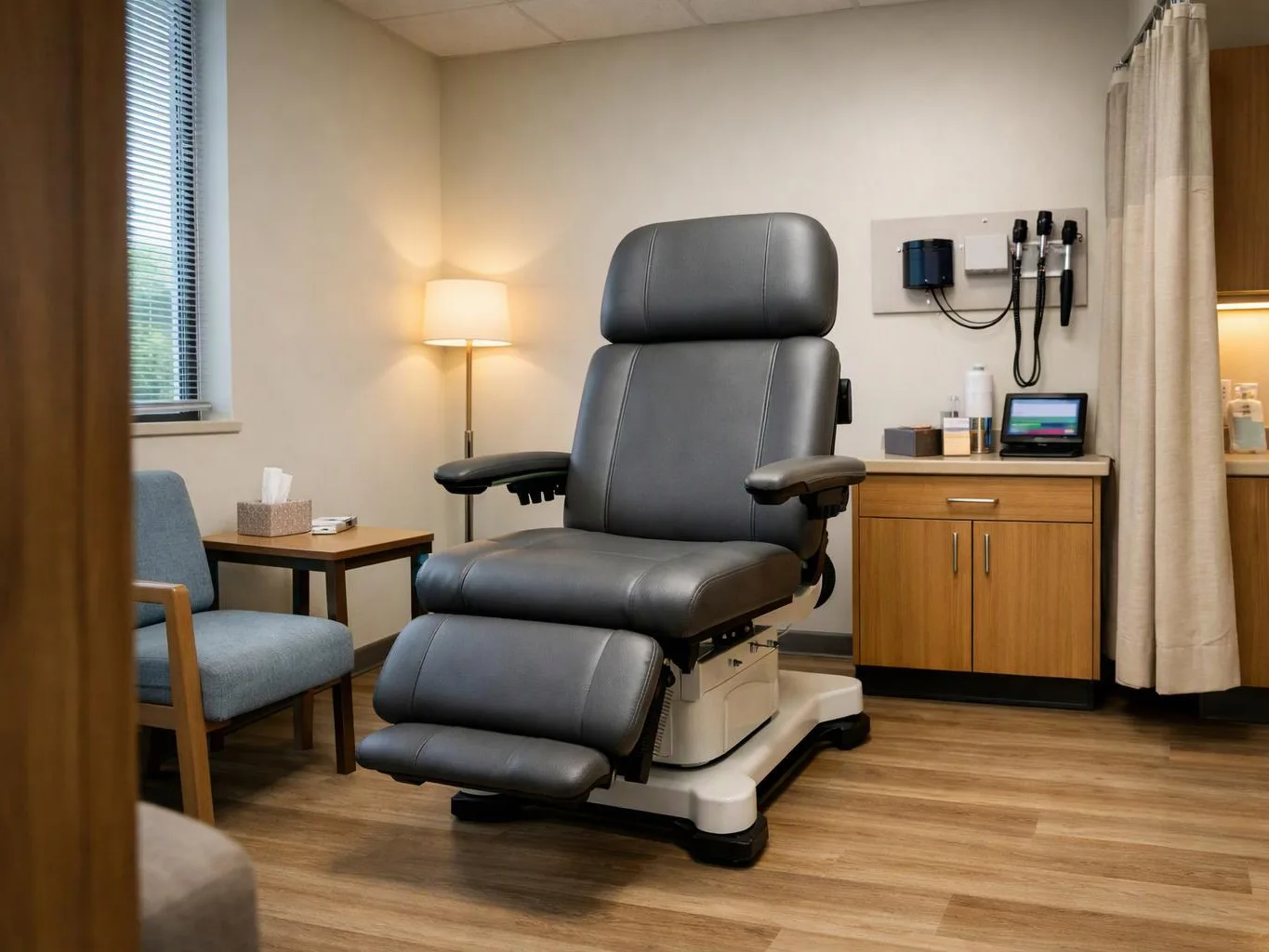 An empty exam room has a padded black medical chair, a lamp, chairs, cabinets, and wall instruments