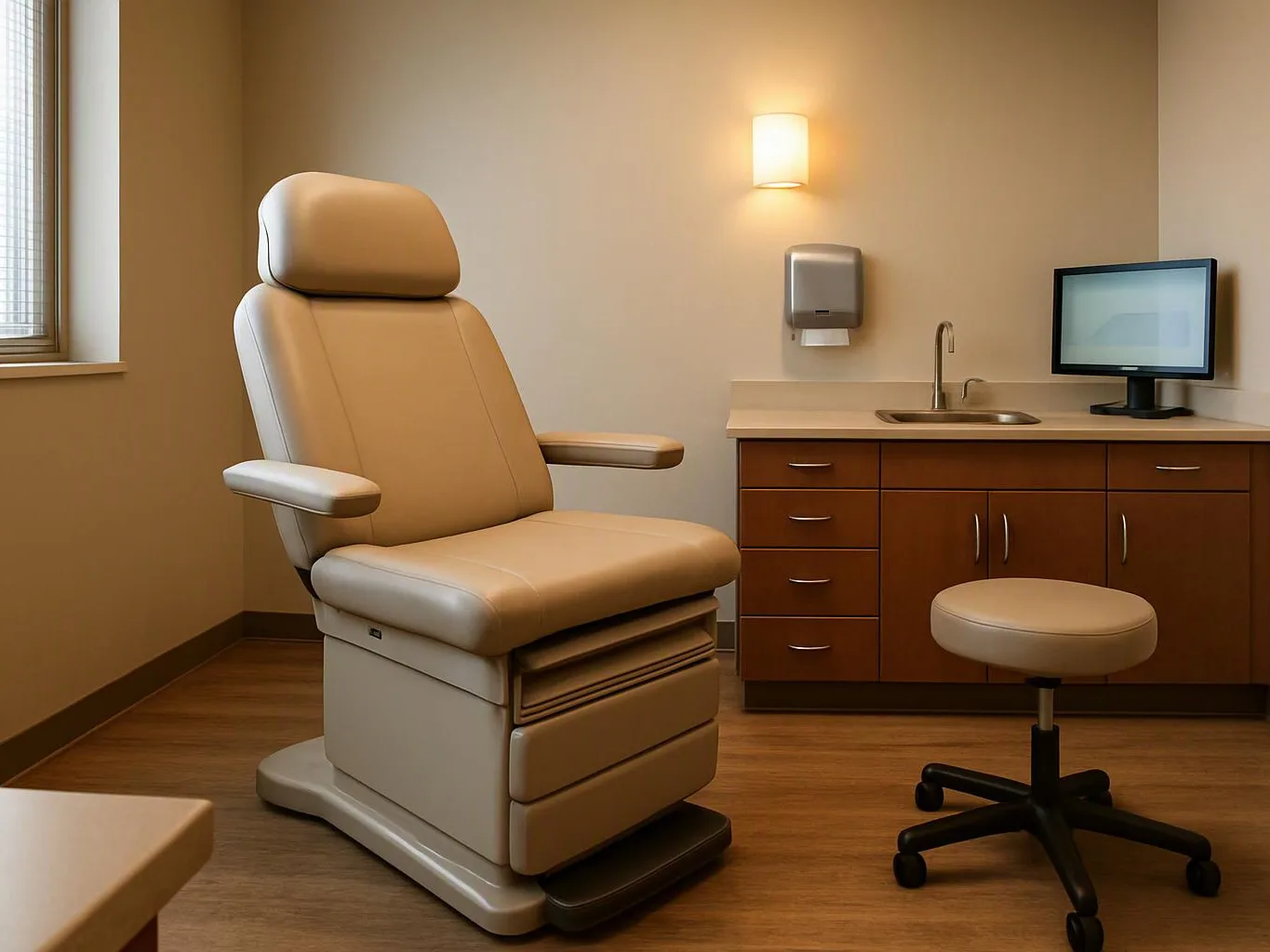 An empty exam room has a padded chair, counter with sink, wall light, stool, and monitor