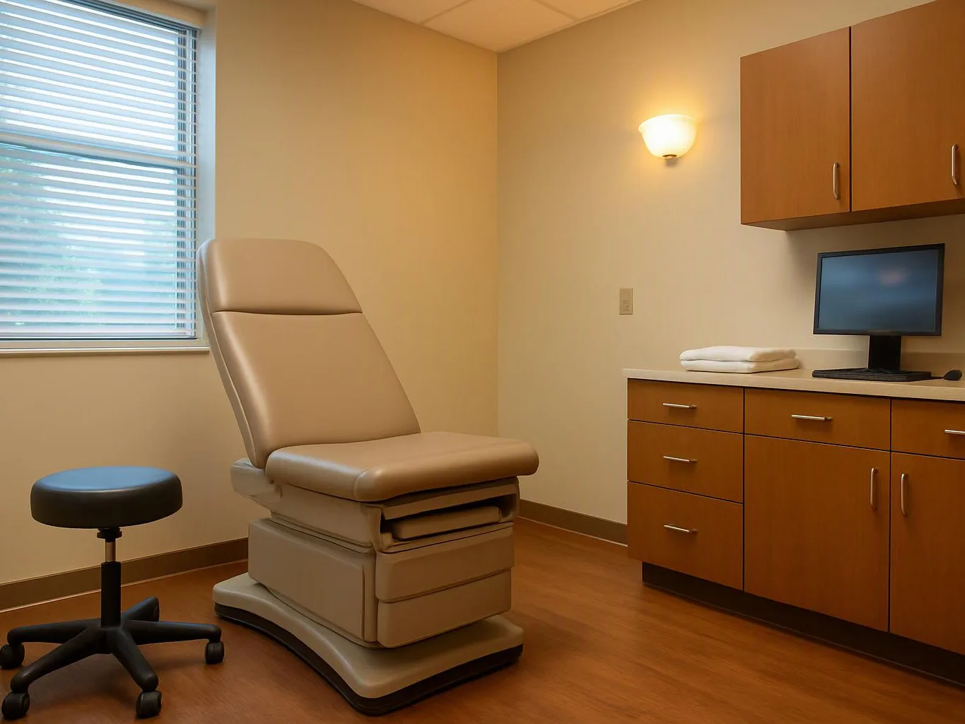 An empty exam room has a padded chair, rolling stool, cabinets, and a window with blinds