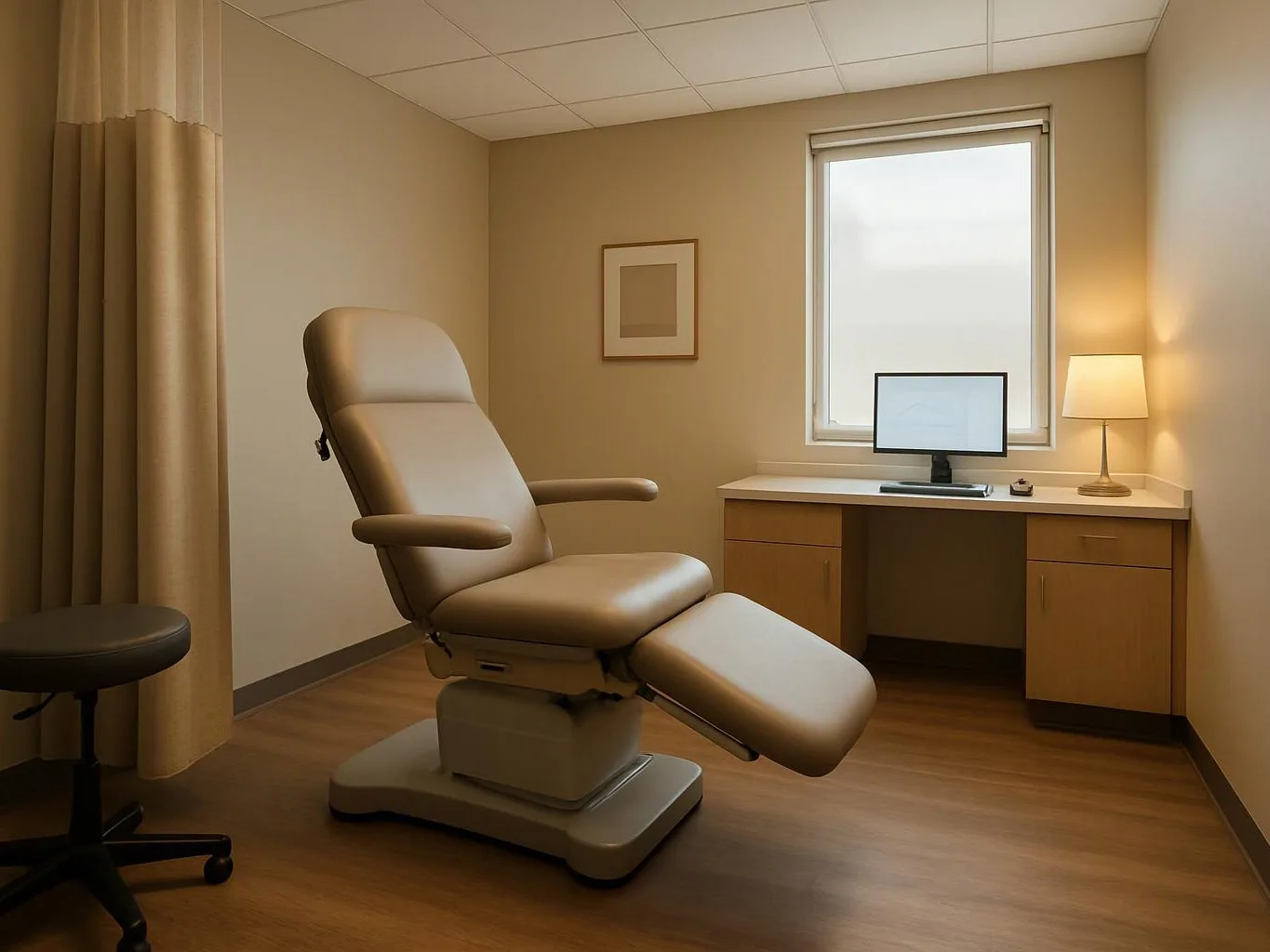 An empty exam room shows a beige treatment chair, desk, monitor, lamp, and curtained window